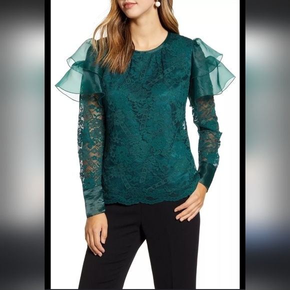 RACHEL PARCELL Lace Flutter Sleeve Top Green Long Sleeve Blouse Size XXS - Picture 1 of 12